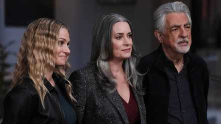 A.J. Cook, Paget Brewster, and Joe Mantegna standing together in Criminal Minds: Evolution