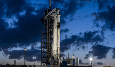 A SpaceX Falcon 9 rocket, with the company’s Dragon spacecraft atop, stands in a vertical position at Launch Complex 39A at NASA’s Kennedy Space Center in Florida on Monday, April 21, in preparation for the 32nd commercial resupply services launch to the International Space Station.