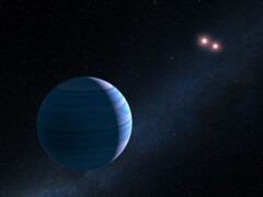 An illustration showing an exoplanet and two red stars.