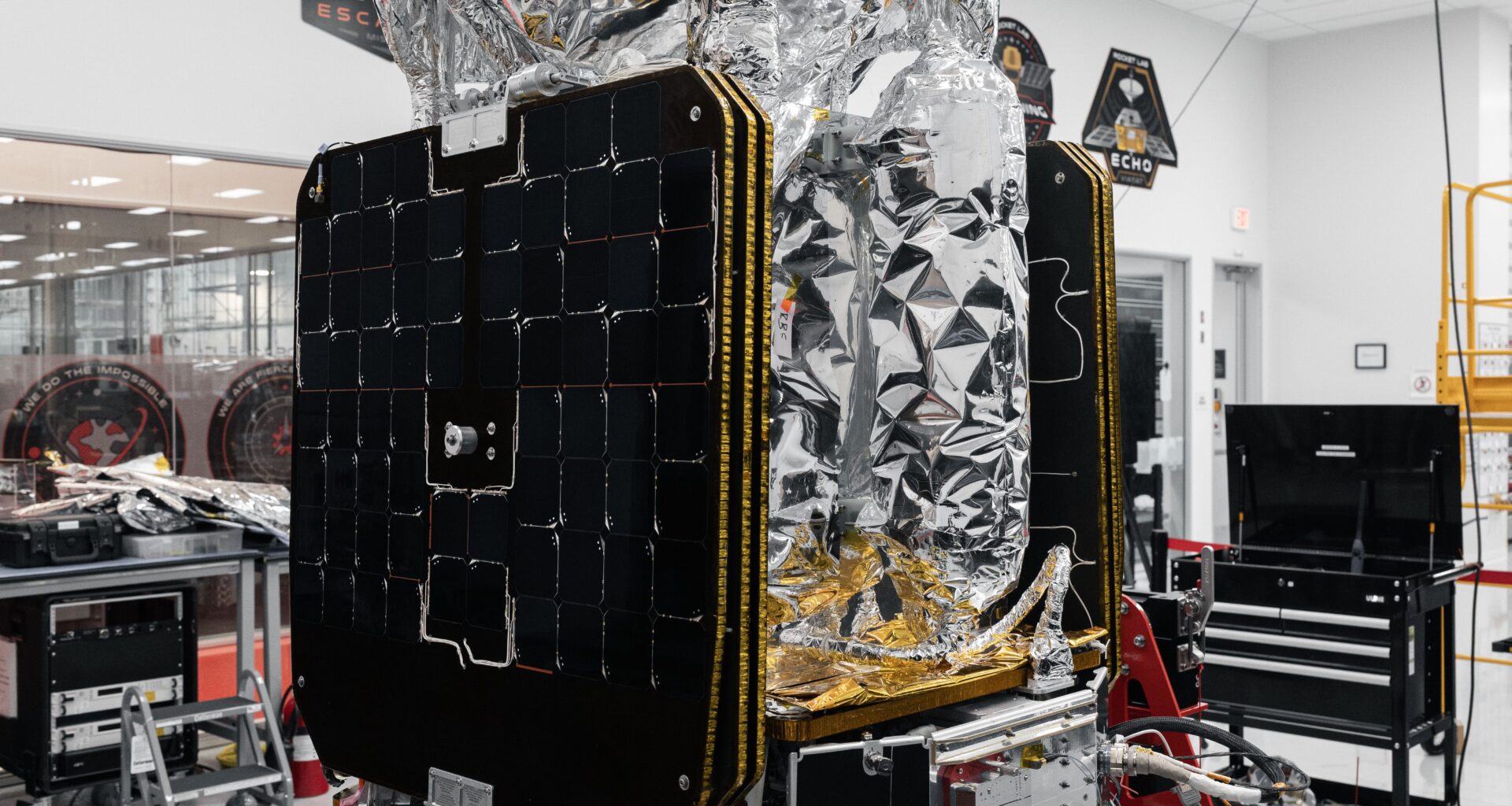 The LOXSAT payload is displayed inside Rocket Lab’s Spacecraft Production Complex in Long Beach, California.