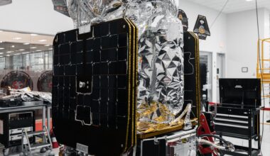 The LOXSAT payload is displayed inside Rocket Lab’s Spacecraft Production Complex in Long Beach, California.