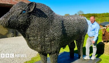 Steven Nesbitt  standing at his farm with his arm around his big metal bull.  He is wearing a light blue shirt and grey jeans, and has a shaved head. It is a bright sunny day.