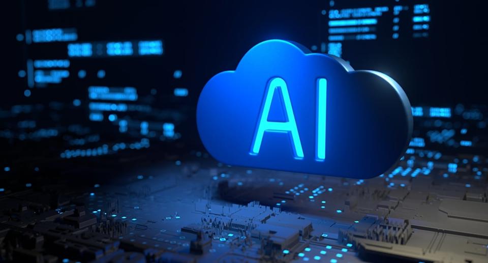 A cloud graphic with glowing letters A I in it.