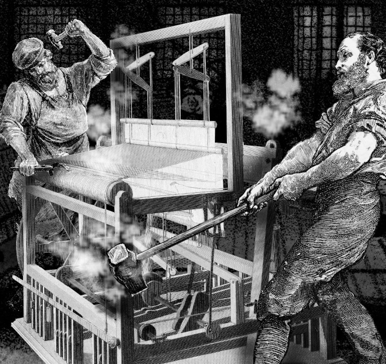 Etching showing Victorian Luddites smashing up machinery in a textile factory using hammers.