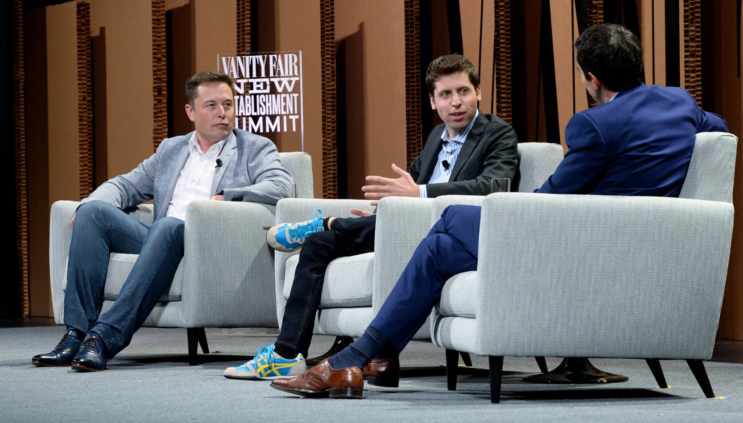 Elon Musk, Sam Altman, and Andrew Ross Sorkin speak onstage at the Vanity Fair New Establishment Summit.