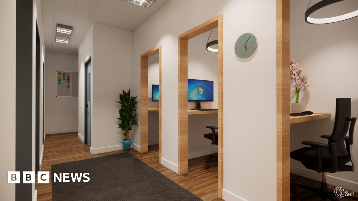 An artist's impression shows a number of small rooms on a corridor with open doors. Inside are desks with computers.