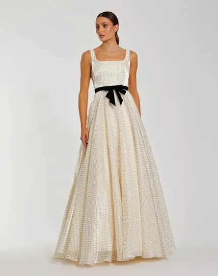 Ivory Polka Dot Square Neck Ball Gown With Bow