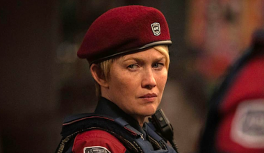 a Mars police office woman in a red beret