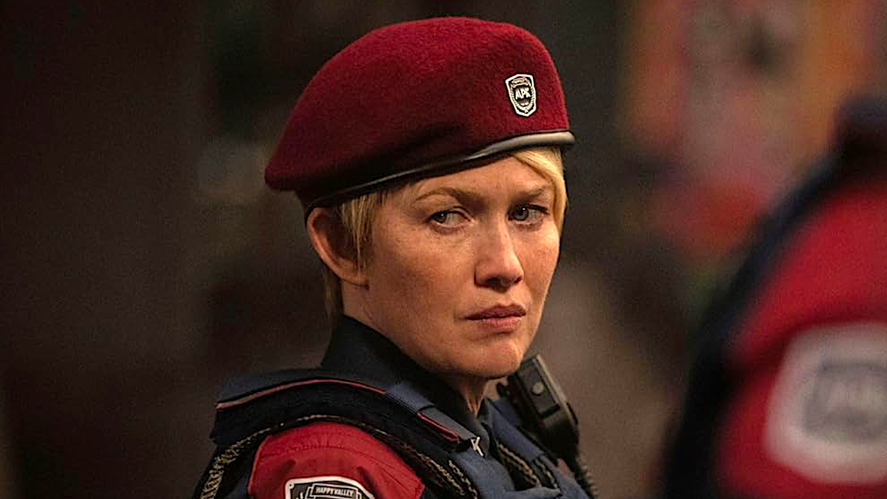 a Mars police office woman in a red beret