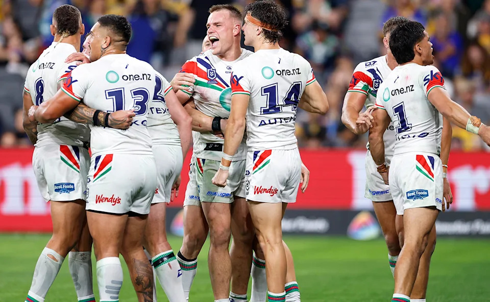 Jackson Ford after scoring a try for the Warriors against the Eels.