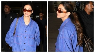 Deepika Padukone was seen in an oversized cobalt blue co-ord set.
