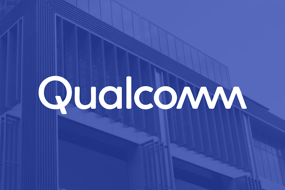 Qualcomm company name written in white on a purple background.