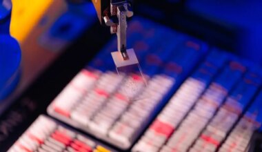Close-up of a robotic arm holding a glass microscope slide above rows of blurred laboratory sample trays under blue and pink lighting, suggesting an automated digital pathology setting.