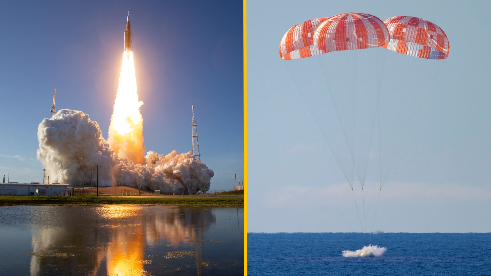 Side-by-side photos of the launch (left) and splashdown (right) of the Artemis II mission