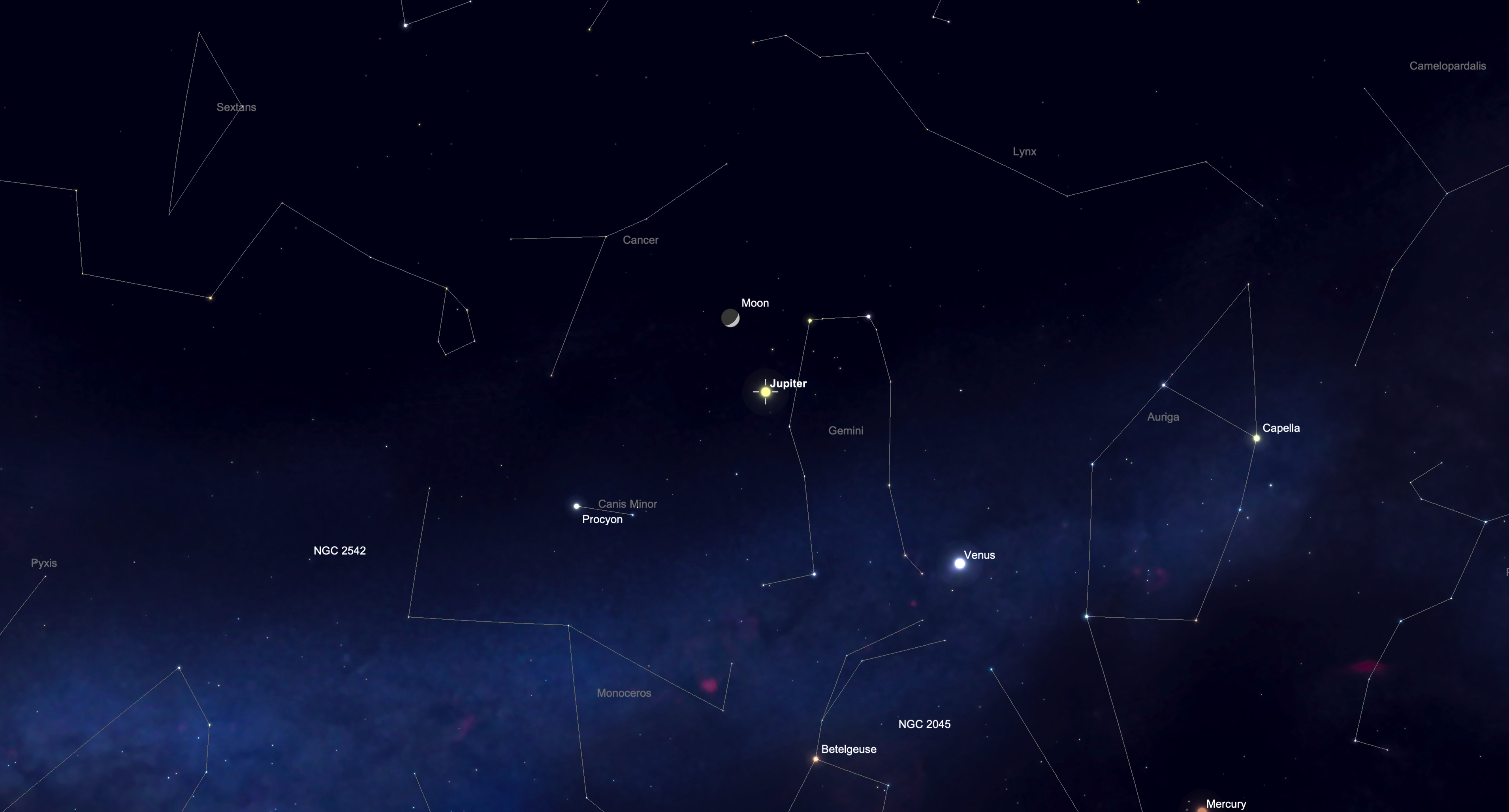 night sky map showing the moon shining close to Jupiter.