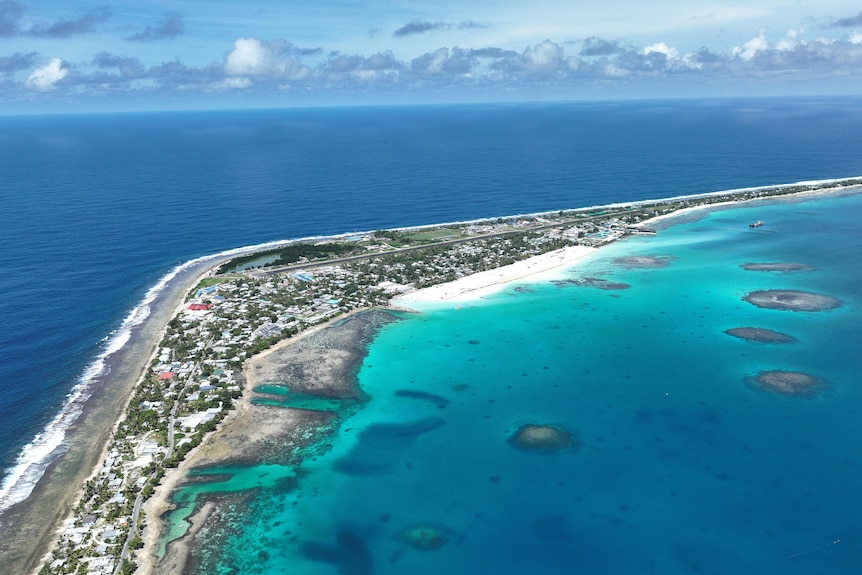 An aerial photo of land reclamation work in Tuvalu's capital Funafuti.