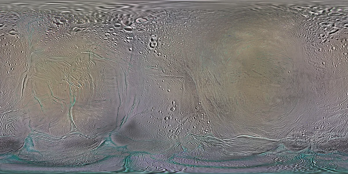 A global map of Enceladus produced using data captured by the Cassini spacecraft during its first 10 years at Saturn. Credit: NASA