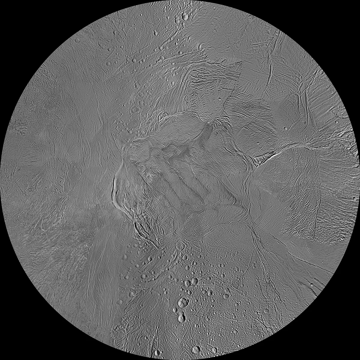 The south pole of Enceladus, produced using data captured by the Cassini spacecraft. Credit: NASA