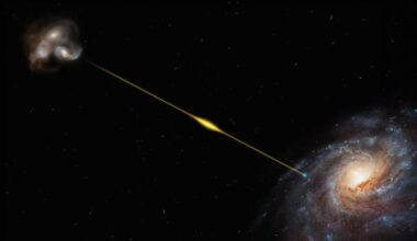 This artist's illustration represents a Fast Radio Burst from a distant galaxy. Astrophysicists aren't sure where these bursts come from, but they can still make use of them. Through gravitational microlensing, they could help find elusive Intermediate Mass Black Holes. Image Credit: ESO/M. Kornmesser