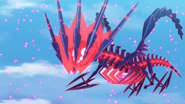 Eternatus flying in the sky surrounded by Dynamax energy in the Pokemon anime