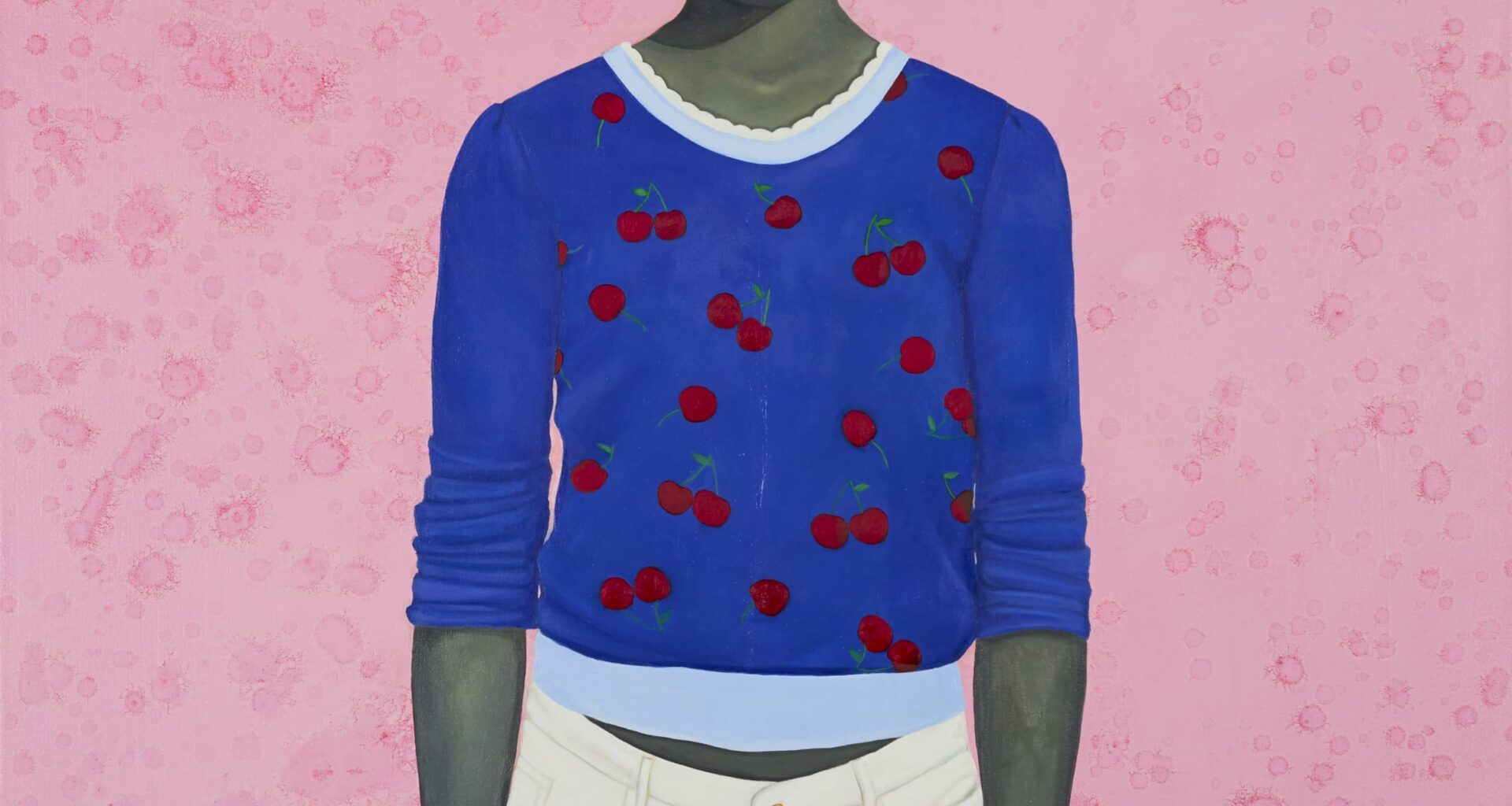 a portrait painting by Amy Sherald of a young Black woman wearing a blue shirt, set against a pink background