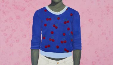 a portrait painting by Amy Sherald of a young Black woman wearing a blue shirt, set against a pink background