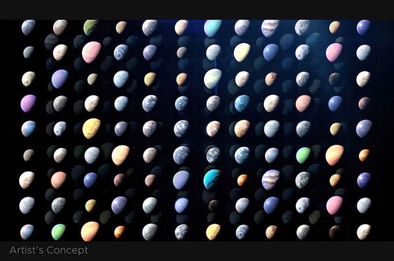 10,000 new exoplanet candidates: 108 small pictures of planets, all in half phase, slightly different sizes and colors.