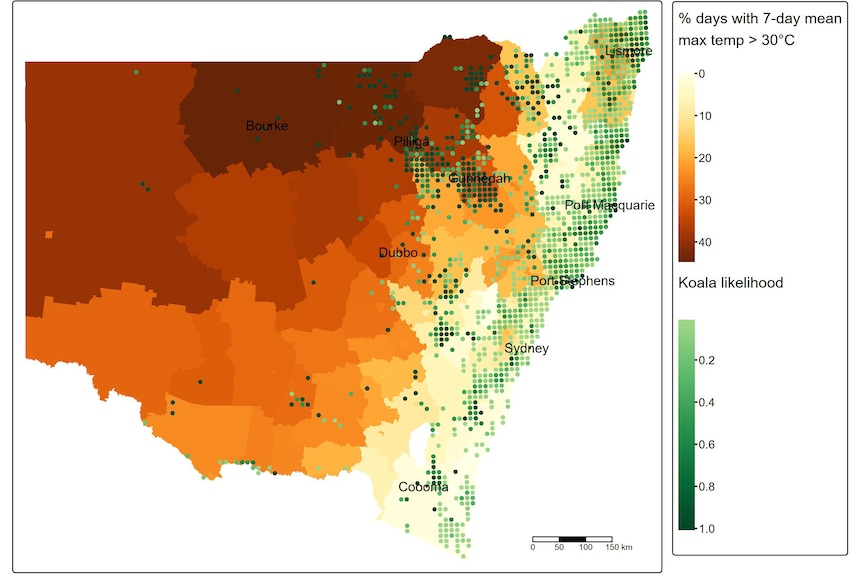 A heat map showing red areas of inland NSW most at risk for koalas and lighter green areas coastally where it's cooler.
