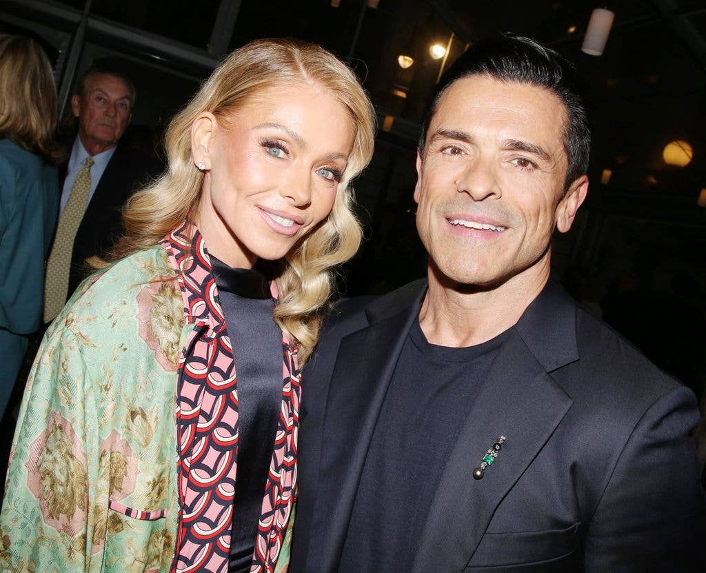 Kelly Ripa and Mark Consuelos pose at the opening night after party for the Roundabout Theatre Company production of Noel Coward's "Fallen Angels" on Broadway at Bryant Park Grille on April 19, 2026 in New York City. (Photo by Bruce Glikas/WireImage)