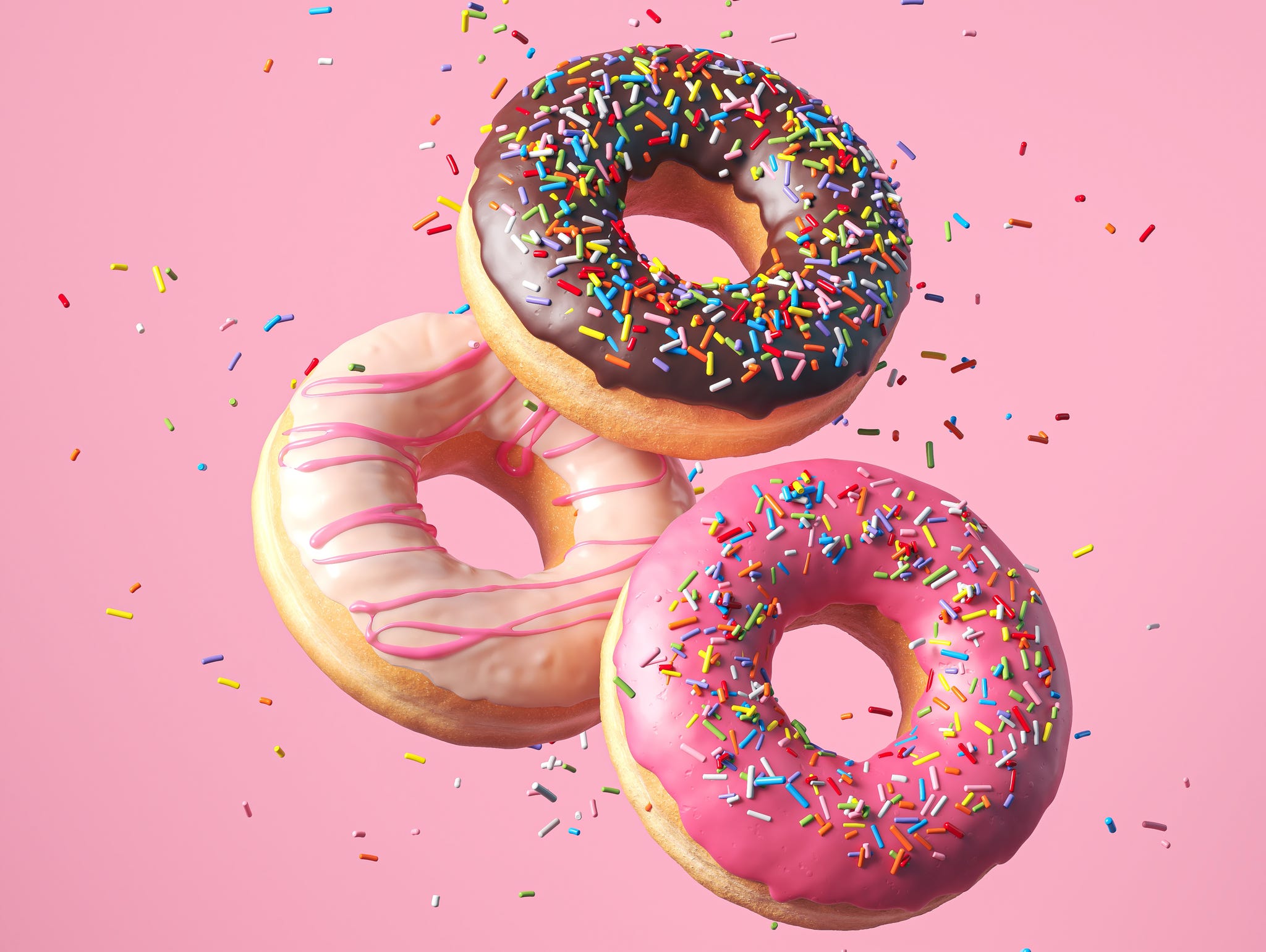 flying frosted sprinkled donuts. set of multicolored doughnuts with sprinkles isolate on pink background. 3d rendering.