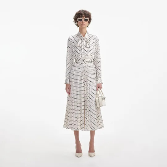 Cream Polka Dot Satin Midi Dress