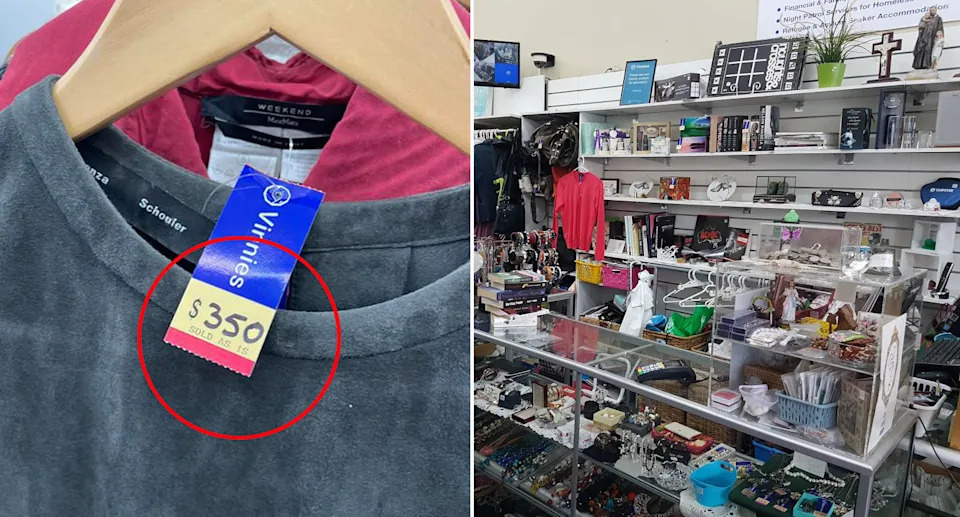 Left: Designer T-shirt with $350 price tag on label. Right: Inside a Vinnies store.