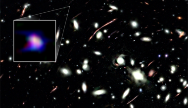 An image of the massive galaxy cluster MACS J0416 with a three-color composite image of LAP1-B in "velocity space" (inset). Credit: NASA/ESA/CSA/K. Nakajima et al. (2026)