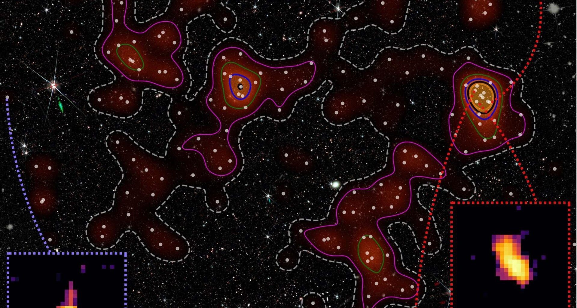 The Loktak protocluster region that lies some 12.6 billion light-years away. It shows how early cluster environments influence the evolution of young member galaxies. Credit: Laishram et al./NAOJ/NASA/ESA/CSA