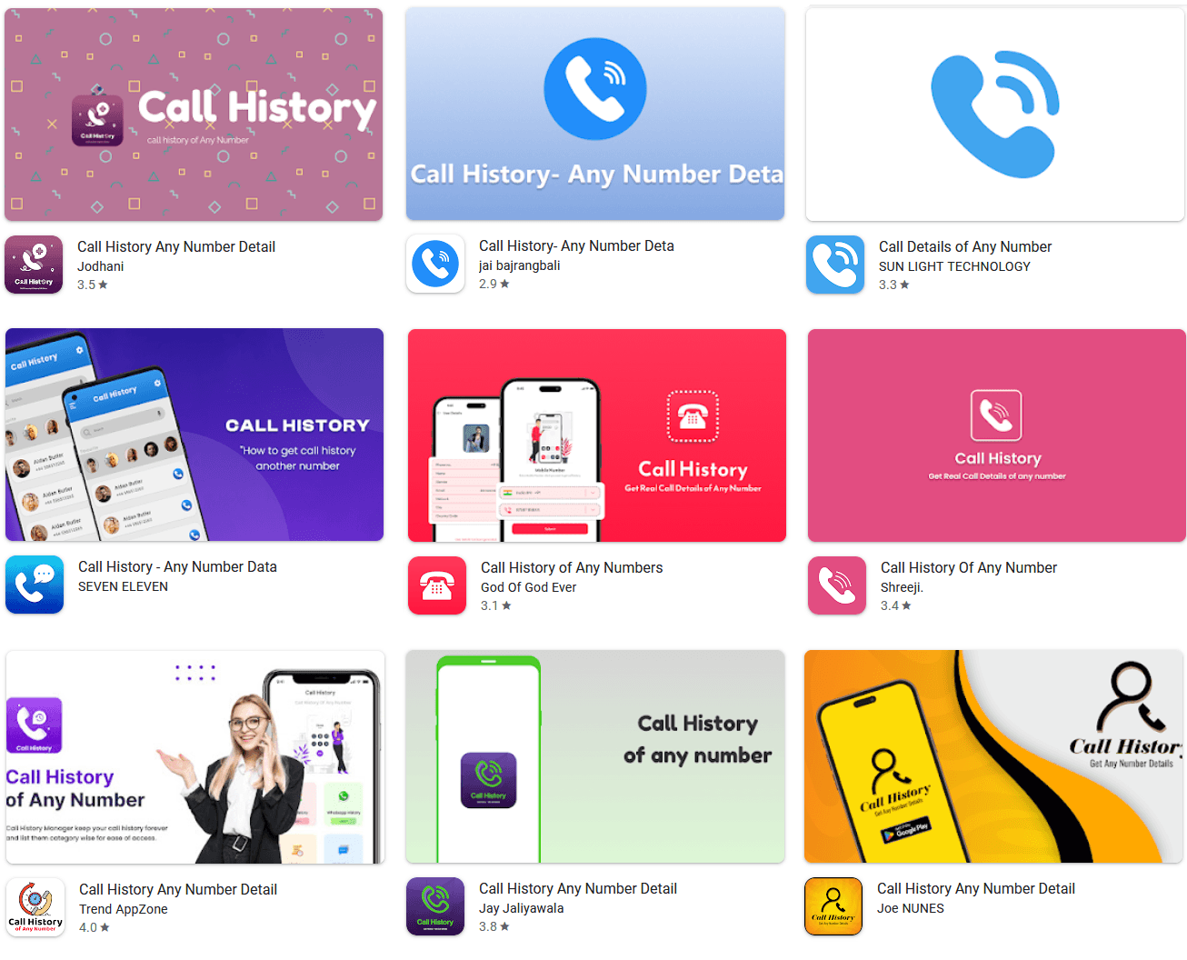 Figure 4. Examples of CallPhantom apps found on the Play Store