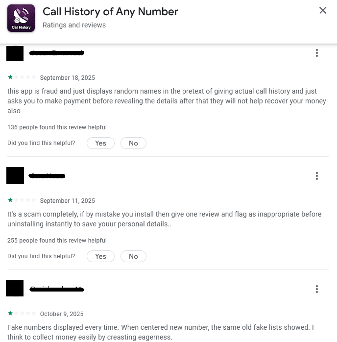 Figure 6. Negative reviews for one of the fraudulent apps