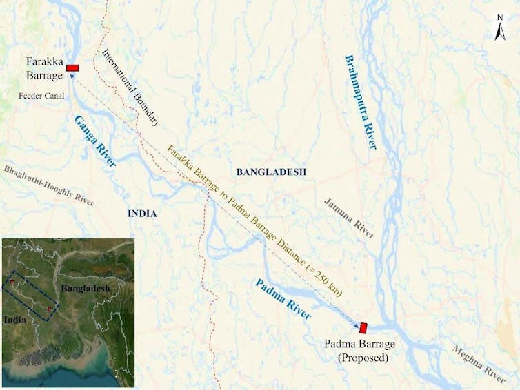 Annotated map of Bangladesh and West Bengal