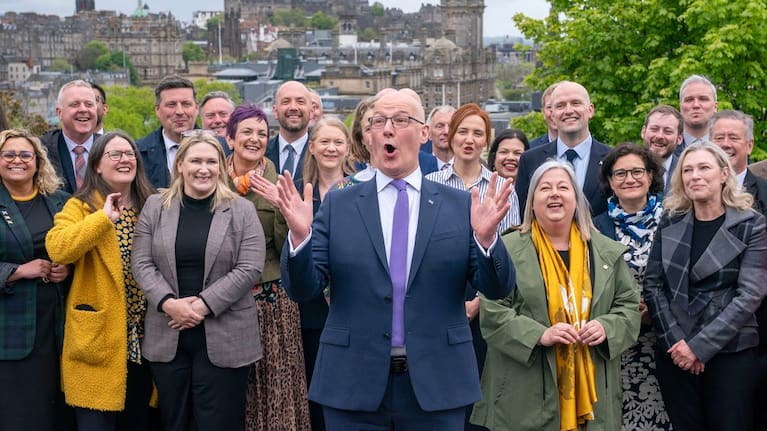 First Minister and SNP leader John Swinney with some of the newly elected SNP MSPs in Edinburgh, Saturday May 9, 2026, following the 2026 Holyrood elections.