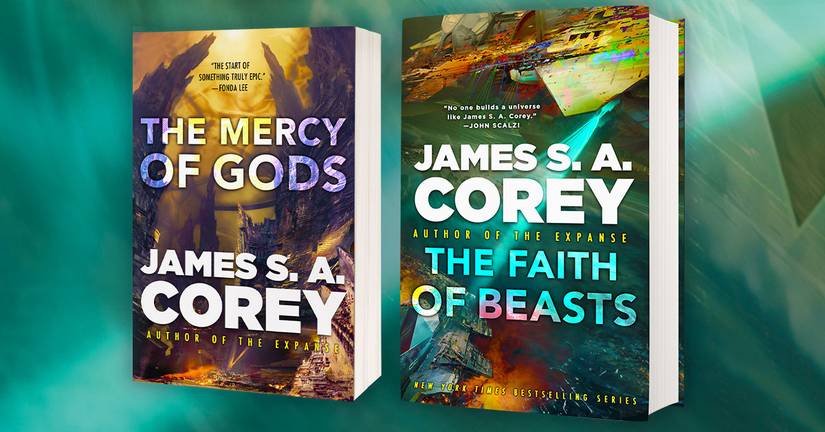 A graphic with the book covers for James S.A. Corey's The Mercy of Gods and The Faith of Beasts side by side