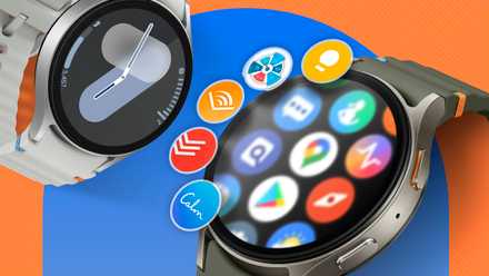 Galaxy Watch on the apps screen with some apps highlighted beside the screen.