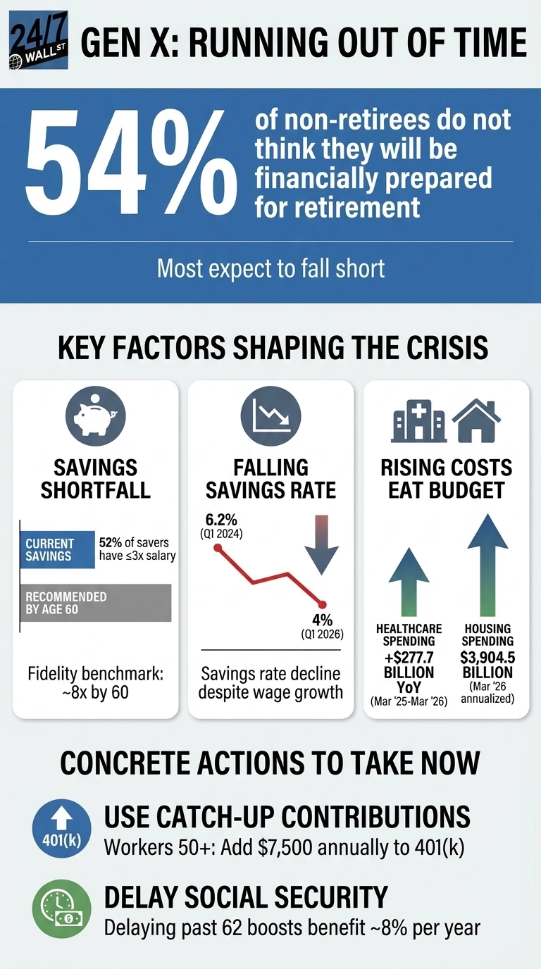 An infographic titled 'GEN X: RUNNING OUT OF TIME' by 24/7 Wall St. It shows a large '54%' indicating that 54% of non-retirees do not think they will be financially prepared for retirement, with 'Most expect to fall short'. The infographic then details 'KEY FACTORS SHAPING THE CRISIS' in three columns: 1) 'SAVINGS SHORTFALL' with a piggy bank icon, stating '52% of savers have <=3x salary' and a 'Fidelity benchmark: ~8x by 60'. 2) 'FALLING SAVINGS RATE' with a downward trend line icon, showing a decline from '6.2% (Q1 2024)' to '4% (Q1 2026)', with the note 'Savings rate decline despite wage growth'. 3) 'RISING COSTS EAT BUDGET' with hospital and house icons, showing upward arrows for 'HEALTHCARE SPENDING: +$277.7 BILLION YoY (Mar '25-Mar '26)' and 'HOUSING SPENDING: $3,904.5 BILLION (Mar '26 annualized)'. The infographic concludes with 'CONCRETE ACTIONS TO TAKE NOW', listing two points: 1) 'USE CATCH-UP CONTRIBUTIONS' with a 401(k) icon, stating 'Workers 50+: Add $7,500 annually to 401(k)'. 2) 'DELAY SOCIAL SECURITY' with a clock and money icon, explaining 'Delaying past 62 boosts benefit ~8% per year'.