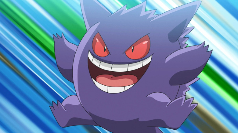 Gengar jumping and smiling in front of action lines in the Pokemon anime