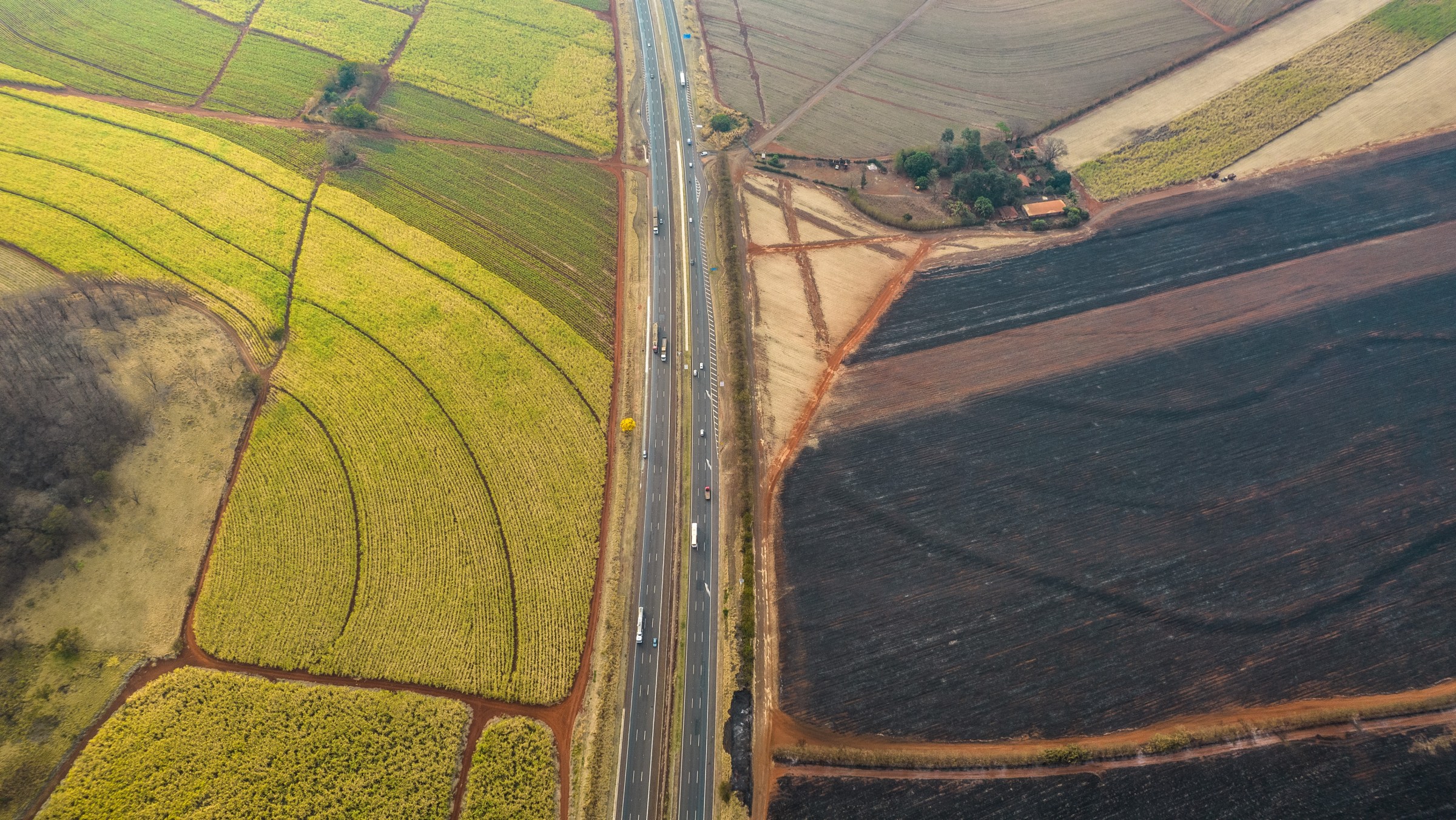 aerial view of green fields to the left of a road and burned ones to the right