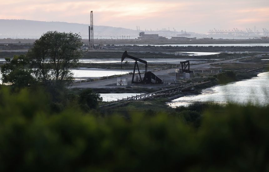 A pumpjack stands idle in the Huntington Beach oil field.