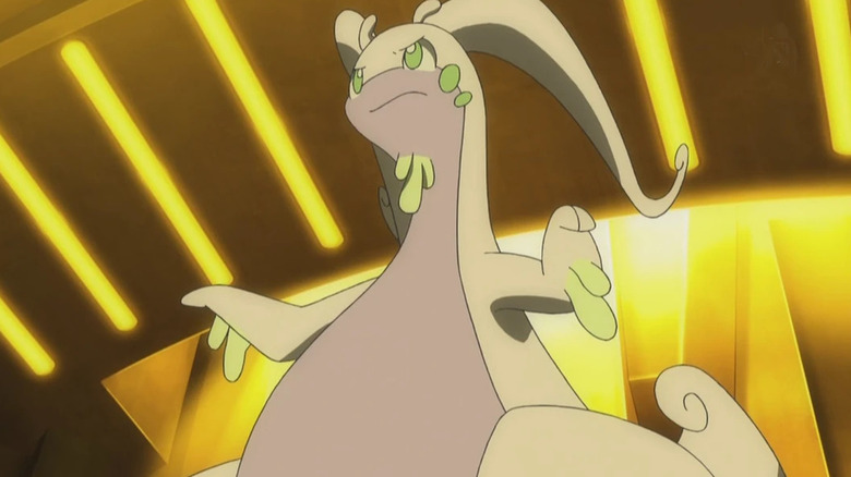 Goodra standing in a brightly lit room in the Pokemon anime