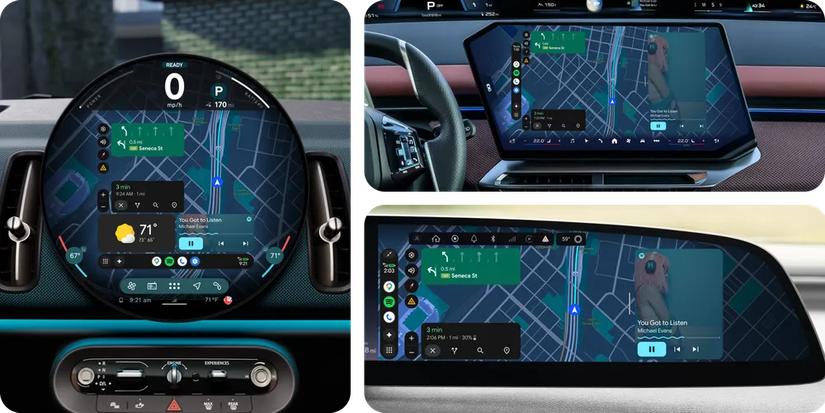 An image highlighting Android Auto adapting to different screen shapes and sizes. 