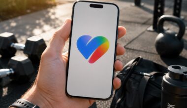 Hand holding a smartphone outdoors displaying a colorful rainbow heart logo on the screen with gym weights in the background.