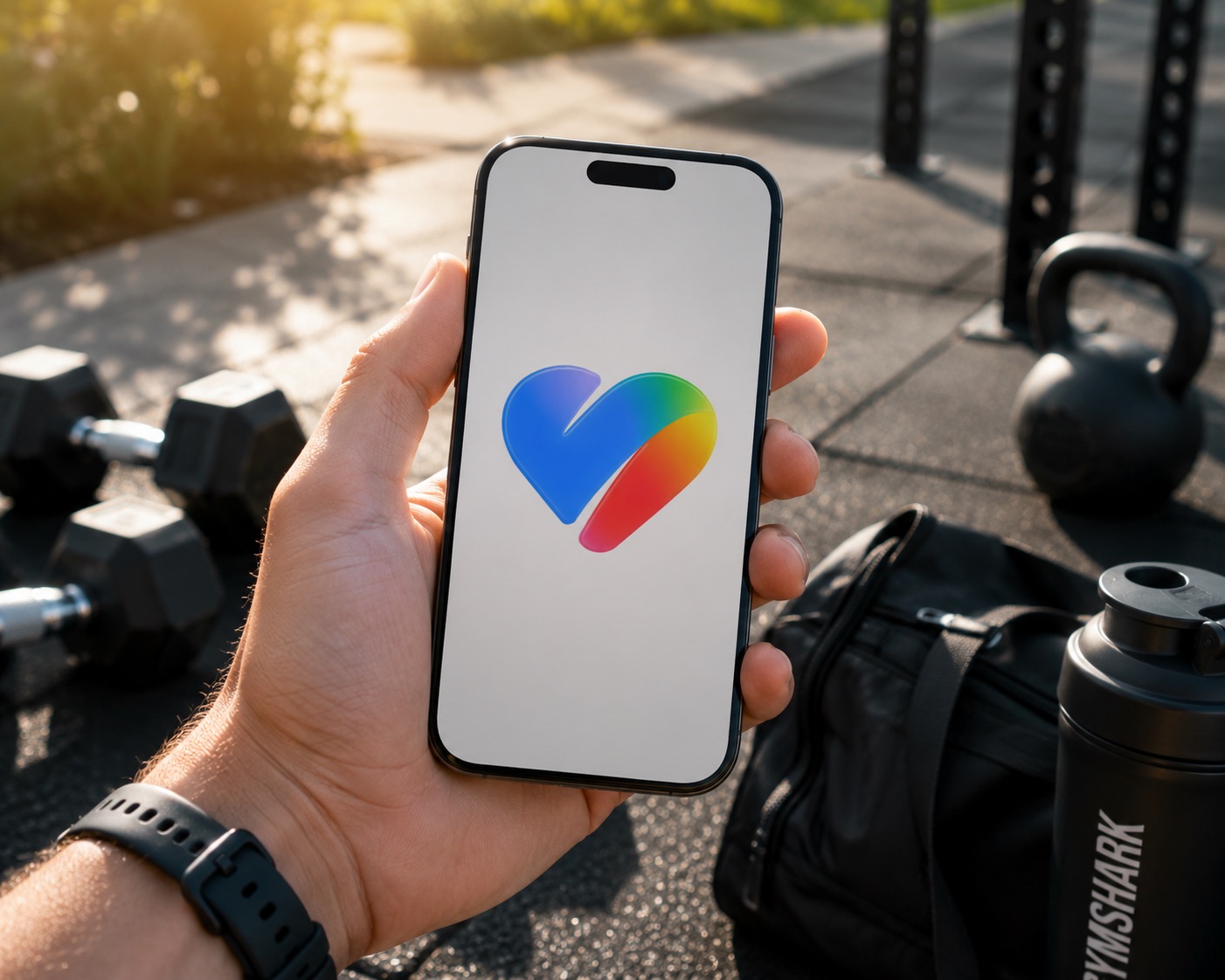 google health app1 | iPhone in Canada Hand holding a smartphone outdoors displaying a colorful rainbow heart logo on the screen with gym weights in the background.
