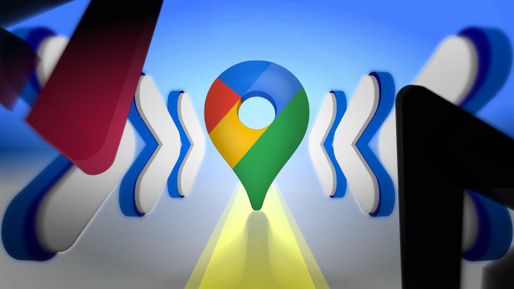 Google Maps icon on a yellow line with a blue background, surrounded by white arrows and the A and P from the Android Police logo.