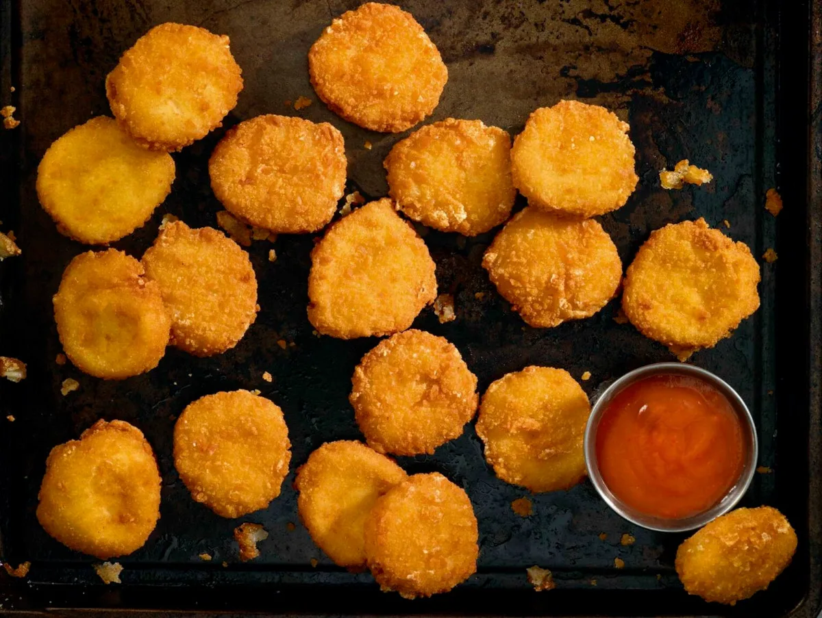 Photo of chicken nuggets next to a small pot of tomato ketchup